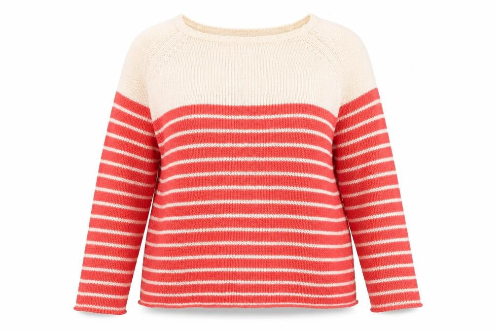 Front view of South women’s pink square neck striped acrylic jumper, size UK 20