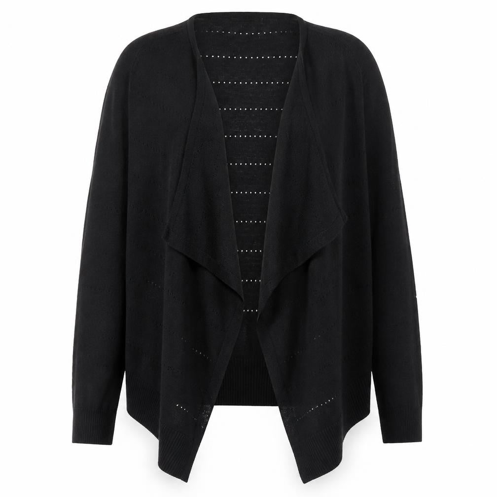 Front view of Tu women’s black round neck polyester cardigan jumper, size UK 10