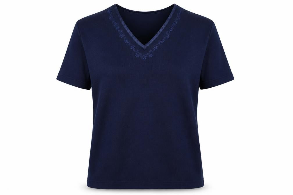 Front view of Bonmarché women’s blue v-neck polyester jumper, size M, - flower