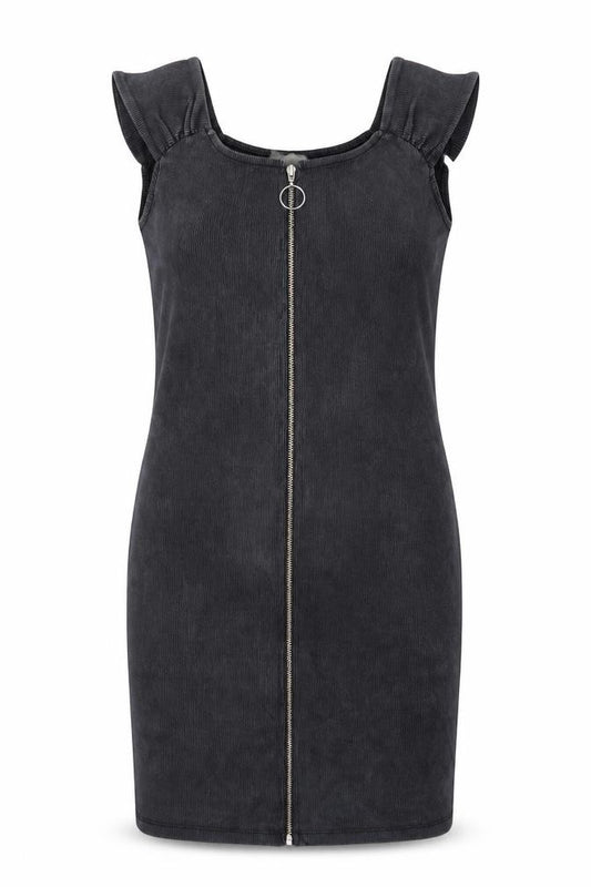 Front view of Mango women’s grey polyester bodycon, size S, scoop neck zip