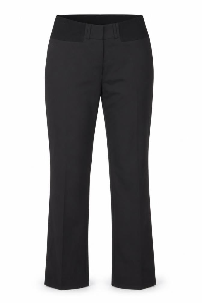 Front view of Slacks & Co women’s black polyester trousers, size UK 25, 33-inch leg regular zip