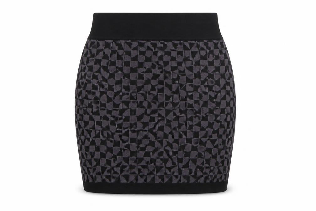 Front view of Amisu women’s purple geometric viscose mini skirt, size XS, regular