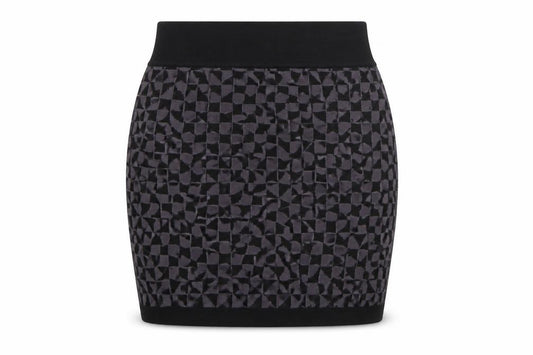 Front view of Amisu women’s purple geometric viscose mini skirt, size XS, regular