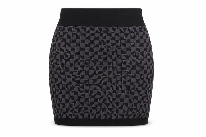 Front view of Amisu women’s purple geometric viscose mini skirt, size XS, regular