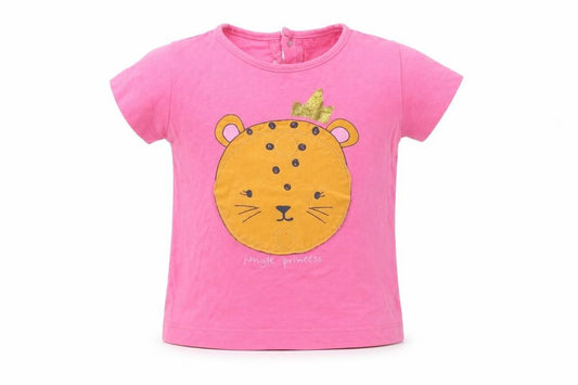 Front view of Losan Baby Pink Cotton Basic T-Shirt, size 9-12, Months Crew Neck Snap - Jungle Princess