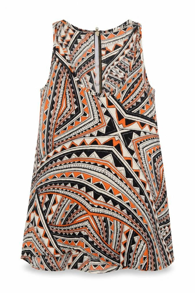 Front view of New Look women’s multicoloured geometric viscose basic tank, size UK 8, scoop neck