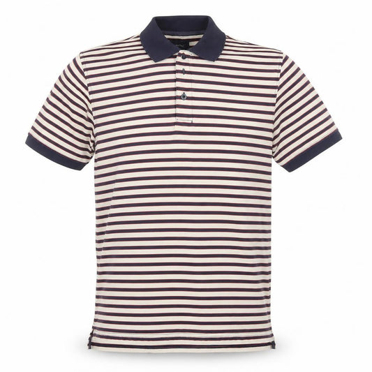 Front view of Kartel men’s blue striped polyester polo, size M, collared button
