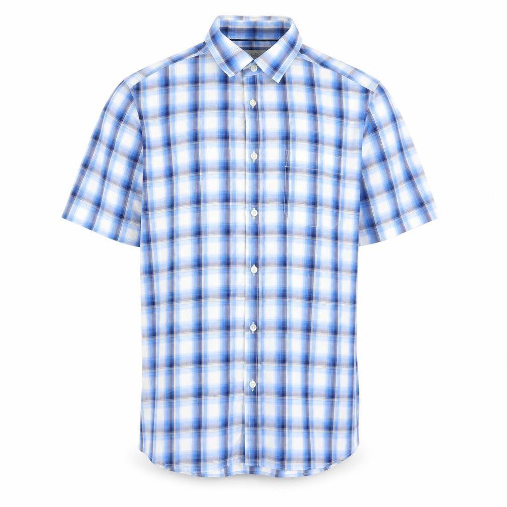 Front view of Marks & Spencer men’s blue plaid modal button-up, size M, collared button