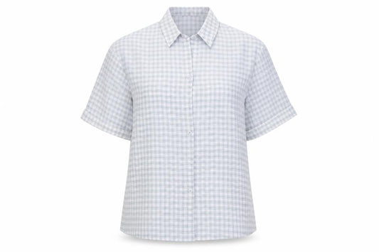 Front view of Urban Threads women’s blue check polyester basic button-up, size UK 8, collared