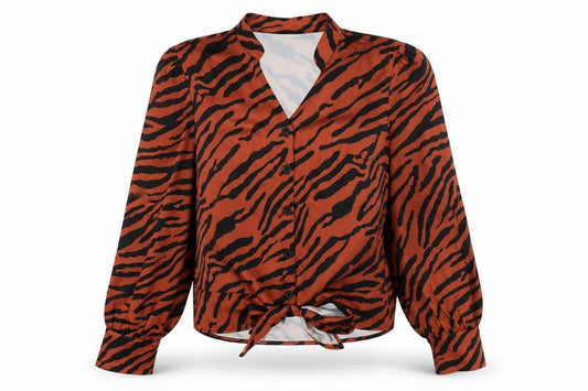 Front view of SHEIN women’s brown animal print polyester basic blouse, size M, collared