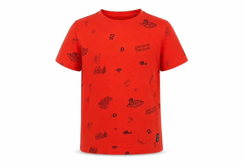 Front view of RESERVED boys’ red geometric cotton basic t-shirt, size 8, years crew neck pullover