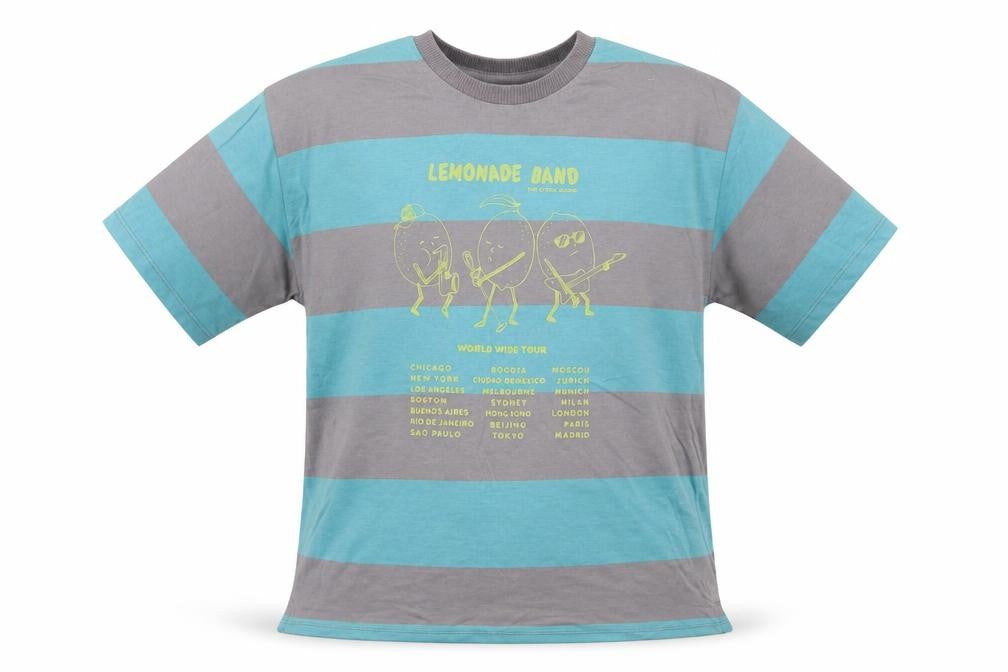 Front view of Zara boys’ blue striped cotton basic t-shirt, size 8, years crew neck pullover - lemonade band