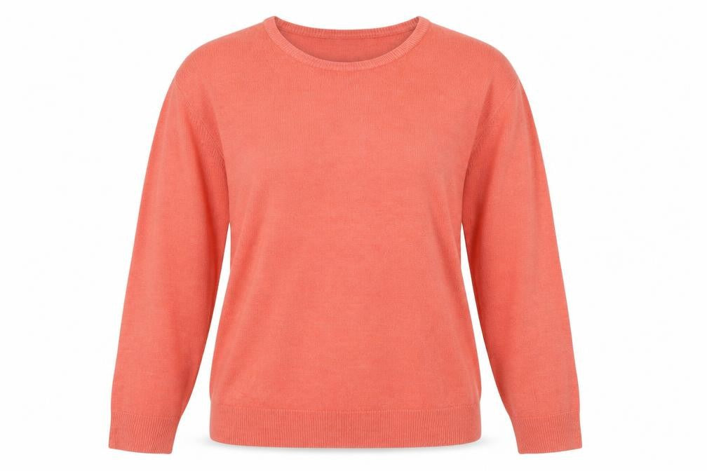 Front view of Dunnes women’s pink crew neck acrylic jumper, size L