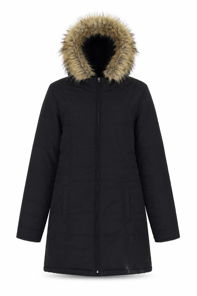 Front view of Centigrade women’s black parka coat, size XS, zip