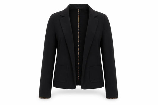 Front view of Primark women’s black jacket blazer, size UK 12, - leopard collar and sleeves