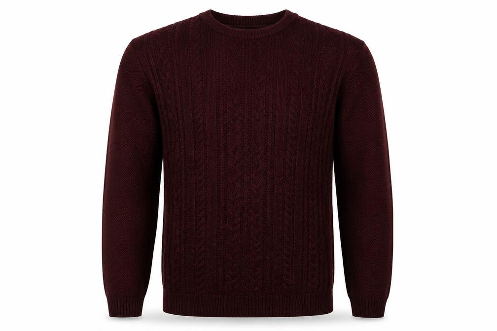 Front view of Topman men’s red round neck acrylic jumper, size M