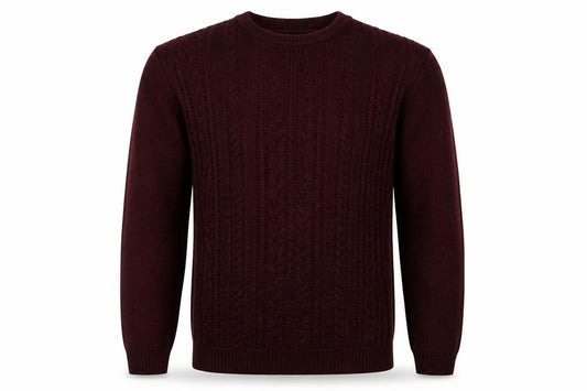 Front view of Topman men’s red round neck acrylic jumper, size M
