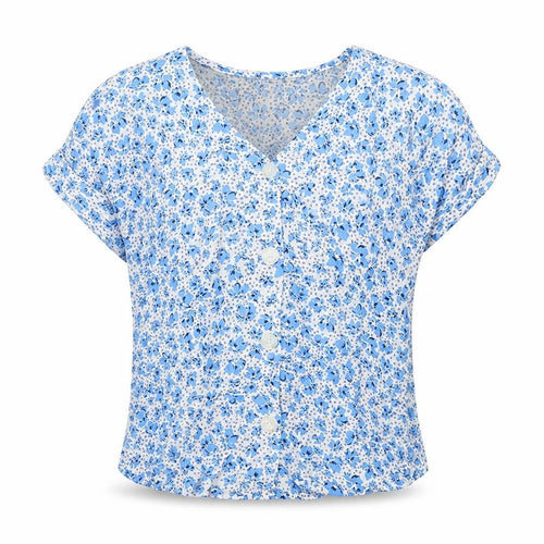 Dunnes Stores Womens Blue Floral Viscose Basic T-Shirt Size XS V-Neck