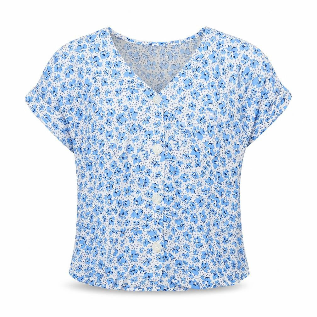 Dunnes Stores Womens Blue Floral Viscose Basic T-Shirt Size XS V-Neck