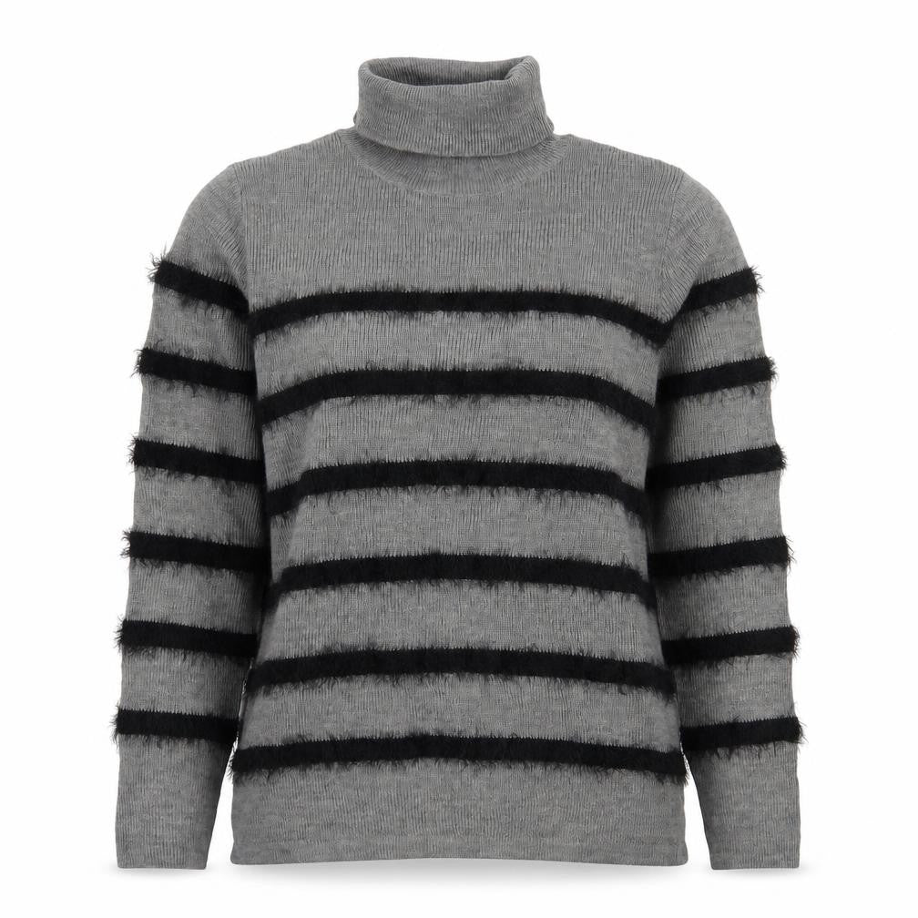Front view of Therapy women’s grey roll neck striped acrylic jumper, size M