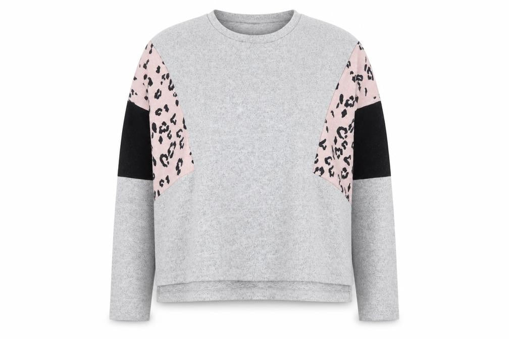 Front view of SHEIN women’s grey round neck animal print polyester jumper, size UK 8
