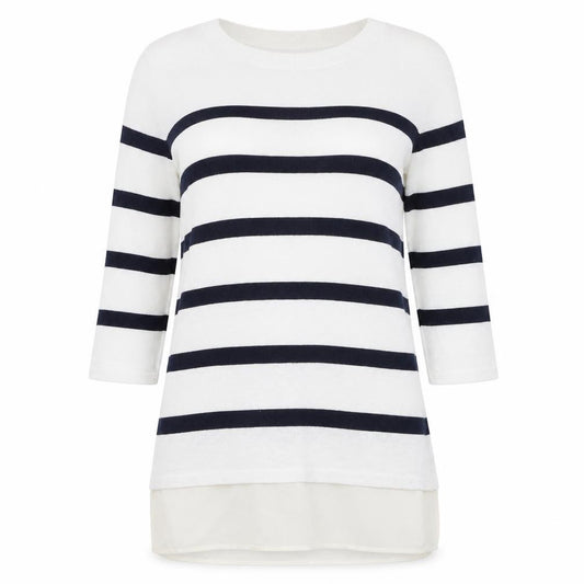 Front view of ASOS women’s ivory round neck striped polyester jumper, size UK 10