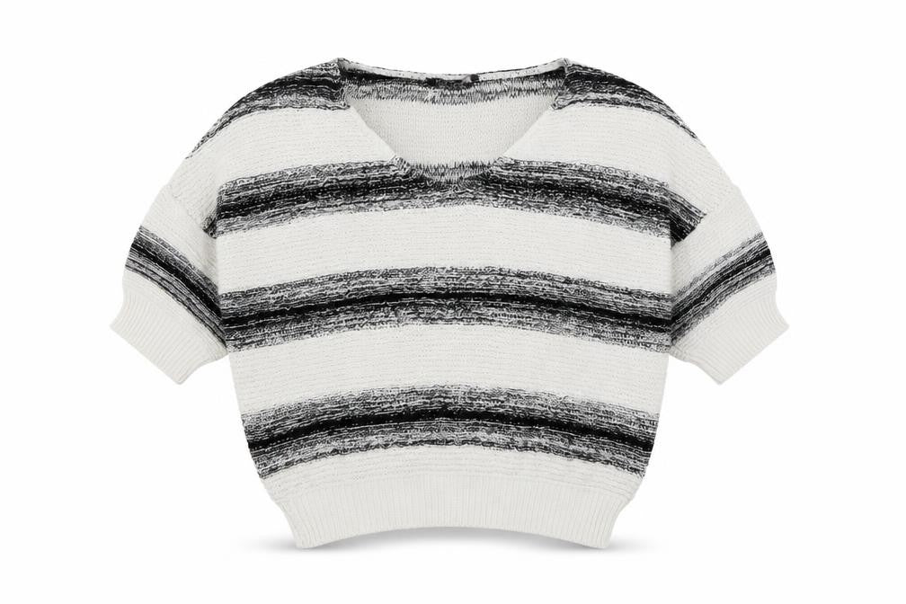 Front view of Miso women’s ivory scoop neck striped acrylic jumper, size UK 6