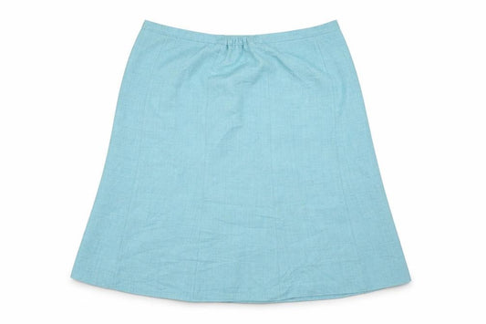 Front view of EWM women’s blue polyester a-line skirt, size UK 18, zip