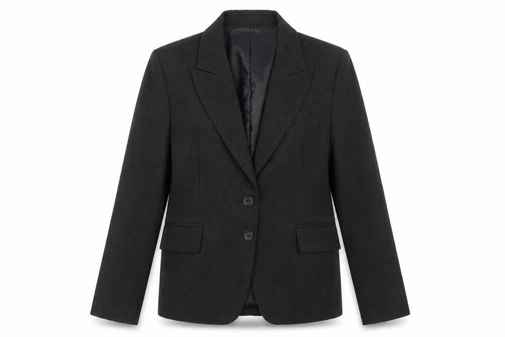 Front view of Simply Be women’s black striped polyester jacket suit jacket, size UK 14, - shoulder pads
