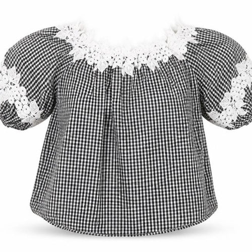 Preworn Womens Black Check Cotton Basic Blouse Size M Off the Shoulder - Lace Detail