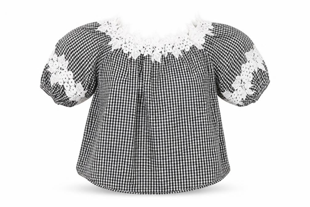Preworn Womens Black Check Cotton Basic Blouse Size M Off the Shoulder - Lace Detail