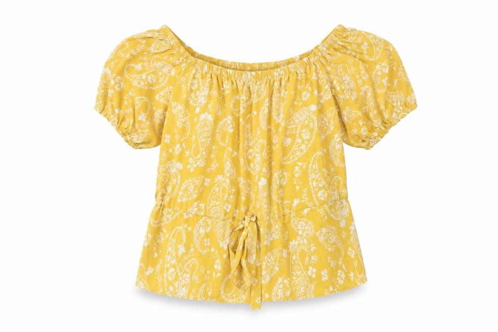 Front view of Preworn women’s yellow paisley polyester basic blouse, size M, off the shoulder