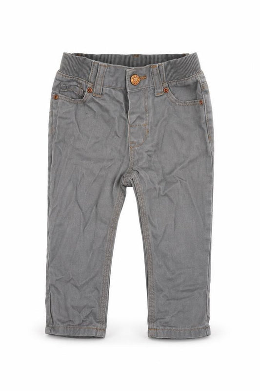 Front view of H&M boys’ grey 100% cotton jogger jeans, size 6-9, months button