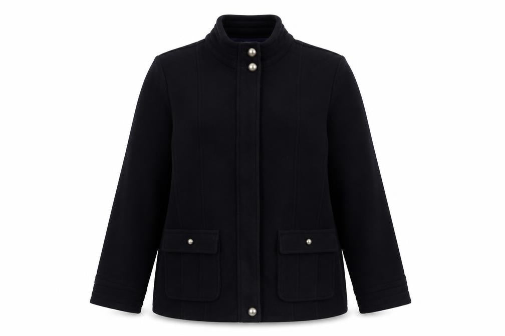 Front view of Classics women’s blue overcoat coat, size UK 16, zip
