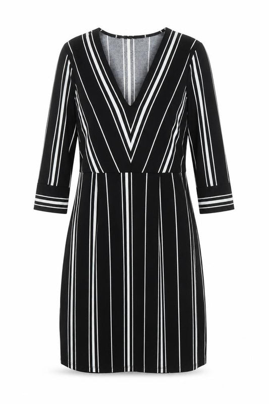 Front view of H&M women’s black striped polyester a-line, size XS, v-neck