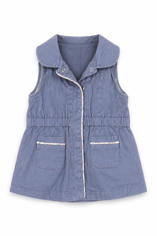 Front view of Max Studio girls’ blue basic jacket waistcoat, size 6-9, months snap