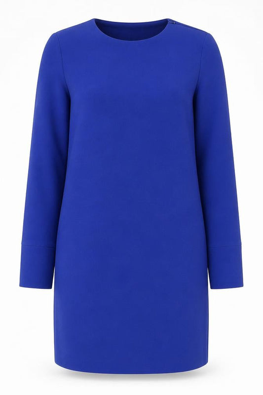 Front view of Warehouse women’s blue polyester shift, size UK 8, round neck zip
