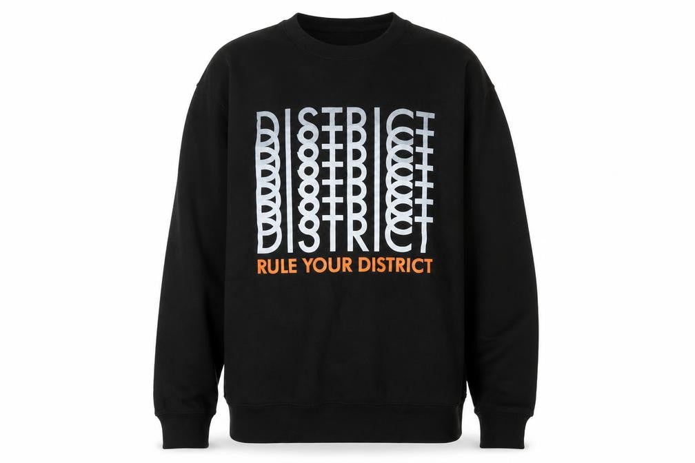 Front view of Just Hoods men’s black cotton pullover sweatshirt, size M, - rule your district