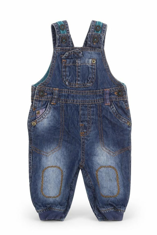 Front view of Marks & Spencer Baby Blue Cotton Pinafore/Dungaree Dress, size 0-3, Months Square Neck Button