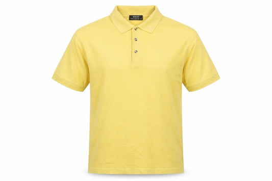 Front view of St Bernard men’s yellow polyester polo, size M, collared button