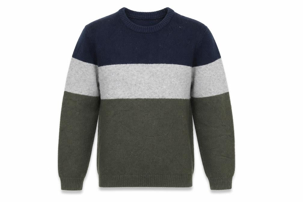 Front view of Easy men’s multicoloured crew neck cotton jumper, size S, - colorblock
