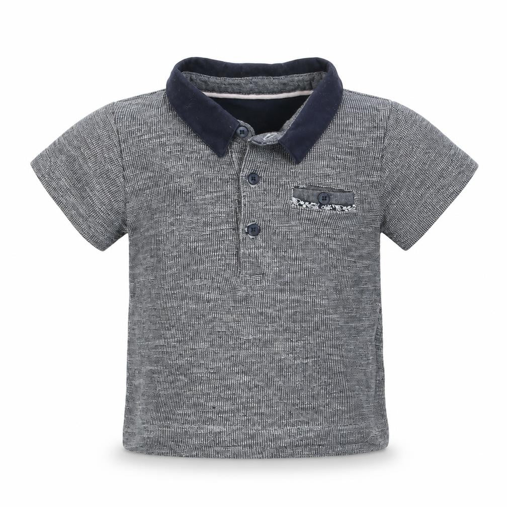 Front view of Primark boys’ grey 100% cotton pullover polo, size 12-18, months collared button