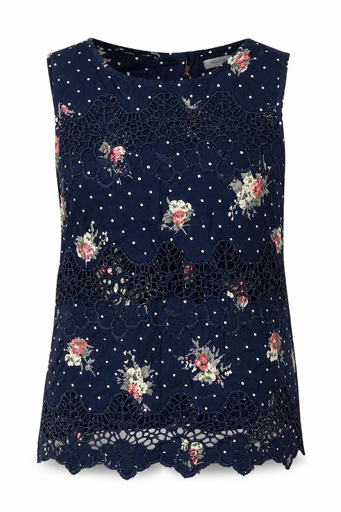 Front view of River Island women’s blue floral viscose basic blouse, size UK 6, round neck