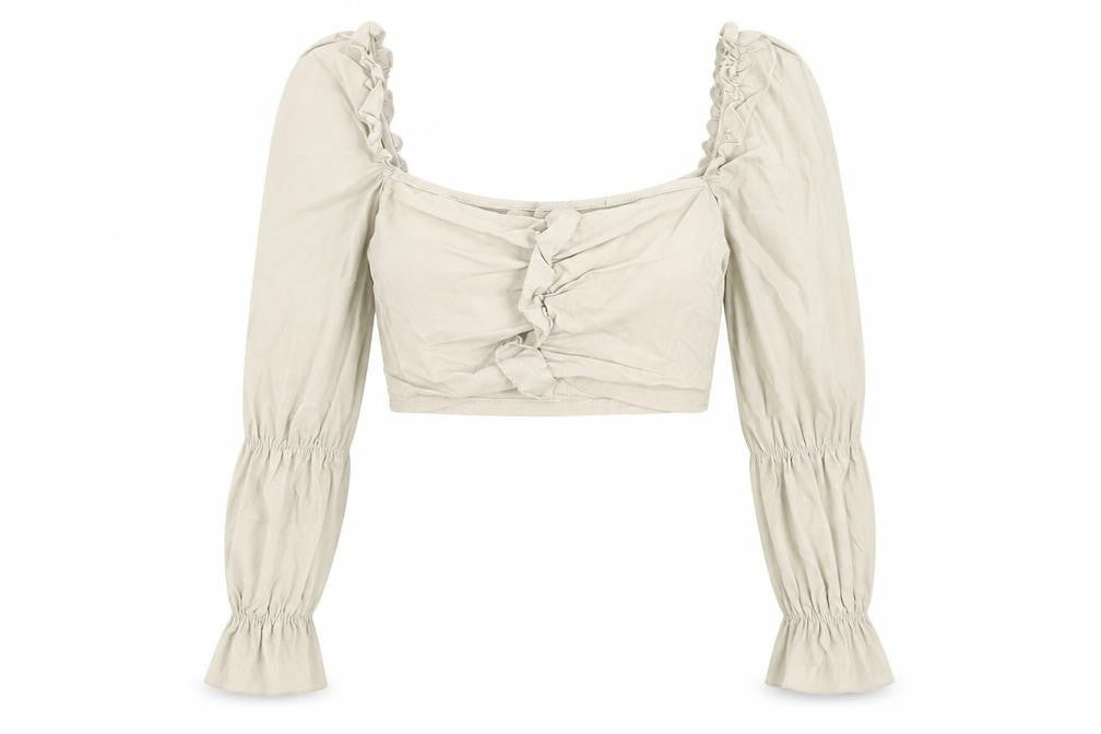 Front view of PRETTYLITTLETHING women’s beige polyester cropped blouse, size UK 10, square neck