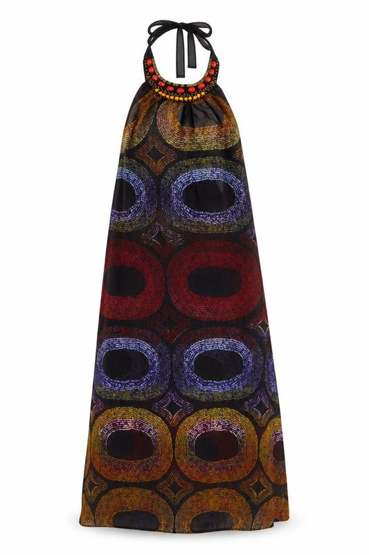 Front view of Primark women’s multicoloured geometric polyester kaftan, size UK 8, halter tie