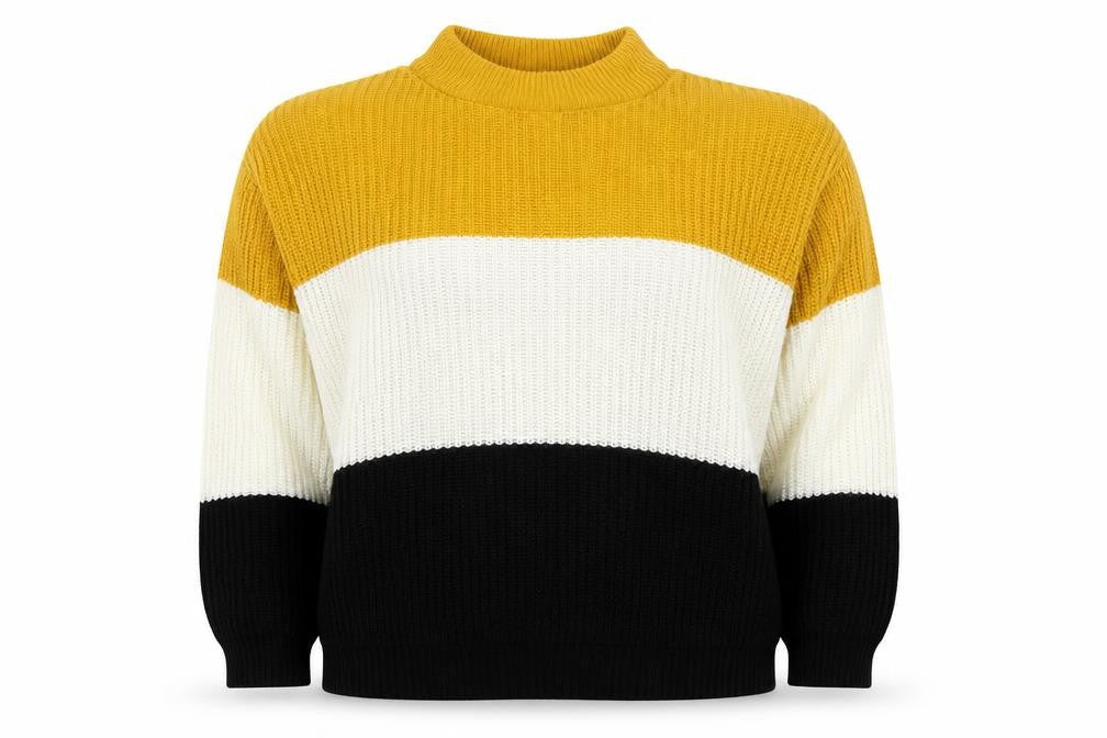 Front view of Select women’s multicoloured high neck striped acrylic jumper, size UK 18