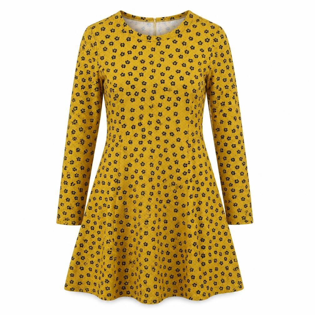 Front view of Primark women’s yellow floral polyester fit & flare, size UK 10, round neck pullover