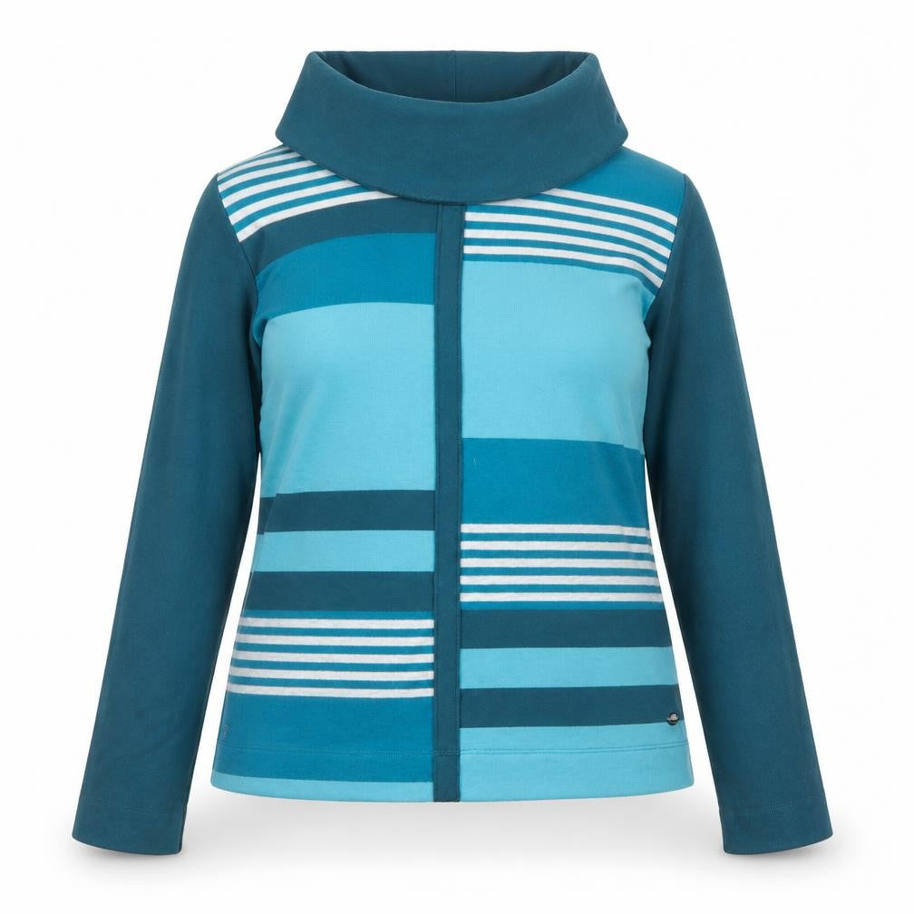 Front view of TIGI women’s blue roll neck striped polyester jumper, size UK 10