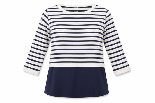 Front view of Atmosphere women’s blue striped viscose button-up, size UK 6, roll neck