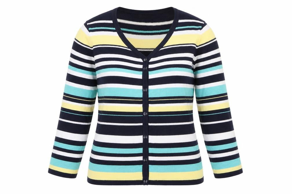 Front view of M&Co women’s multicoloured round neck striped viscose jumper, size UK 14